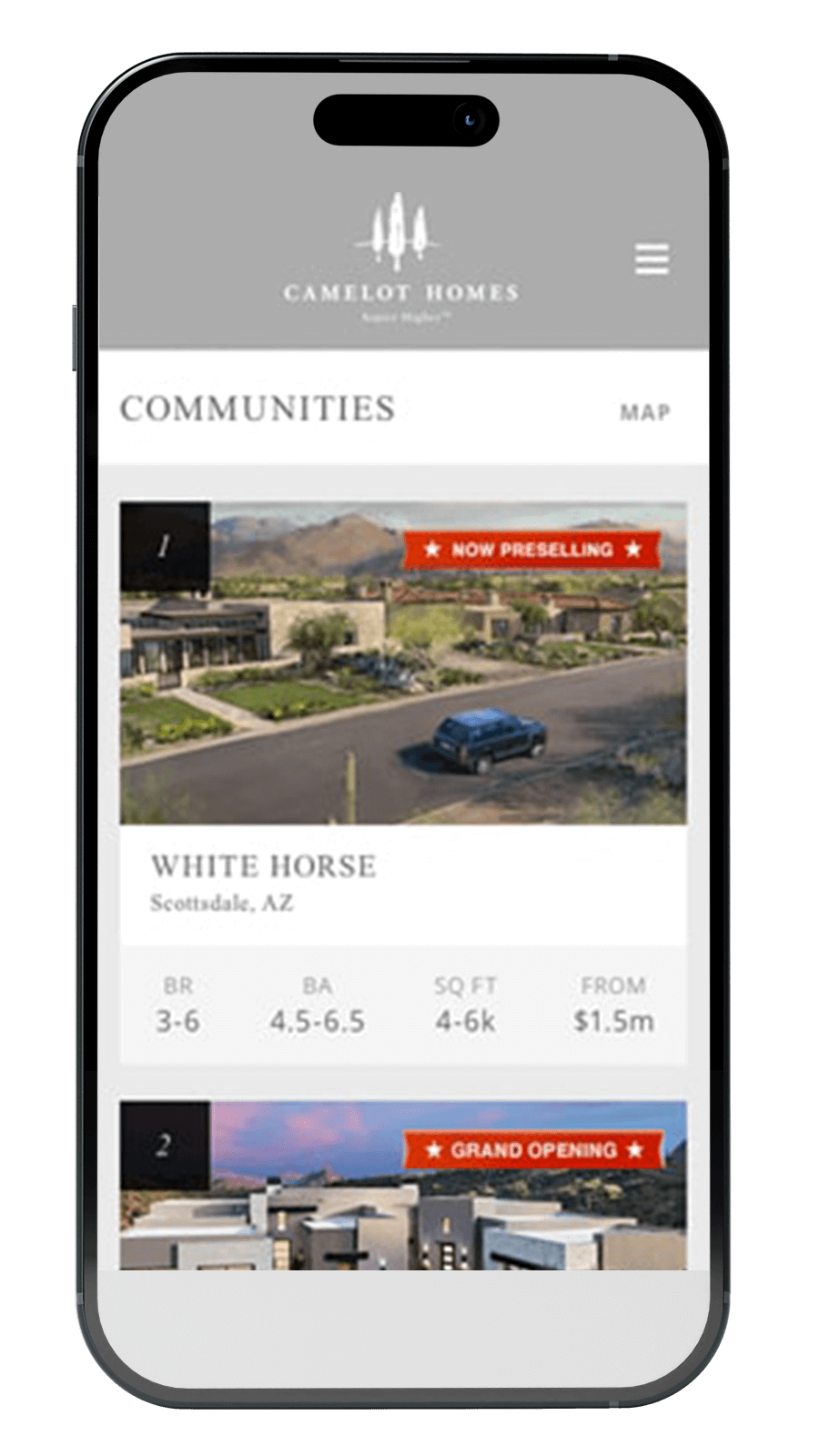 Camelot Homes website on a mobile device