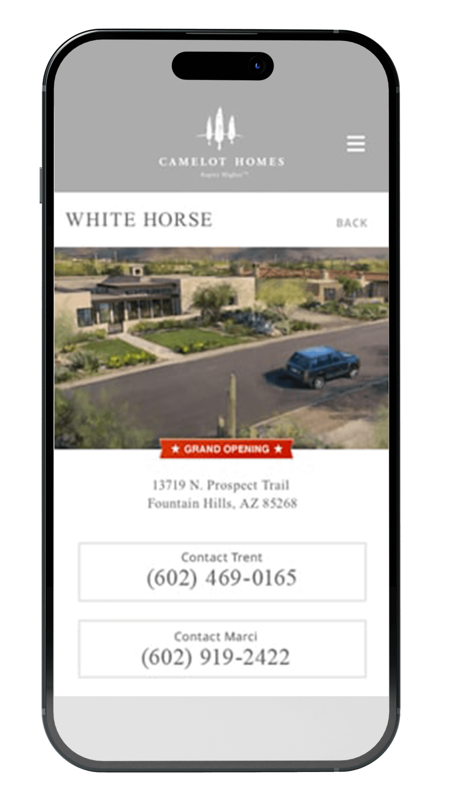 Camelot Homes website on a mobile device