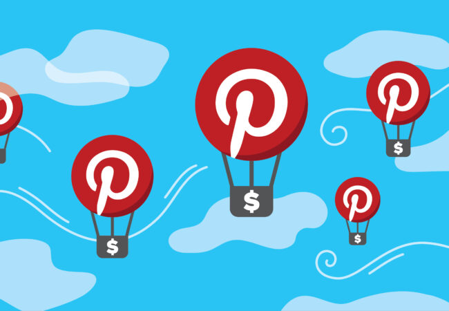 Cartoon hot air balloons with red and white Pinterest logo floating in a cloudy sky