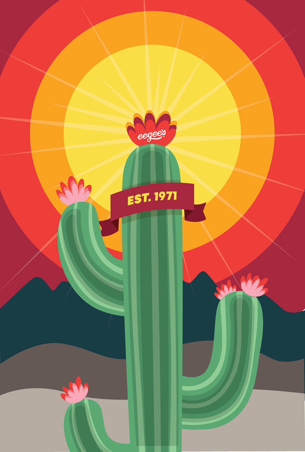 Cartoon cactus with eegee's logo