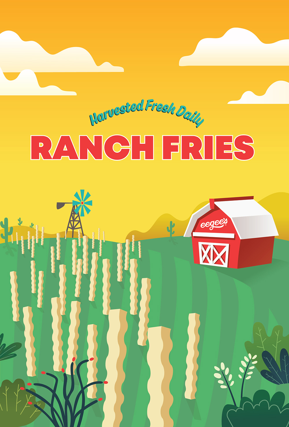Poster of a cartoon barn and fries