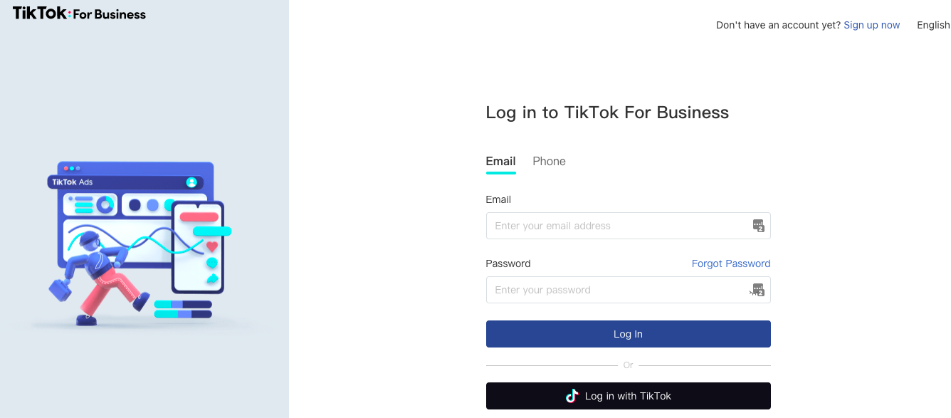 tiktok ads manager login screen