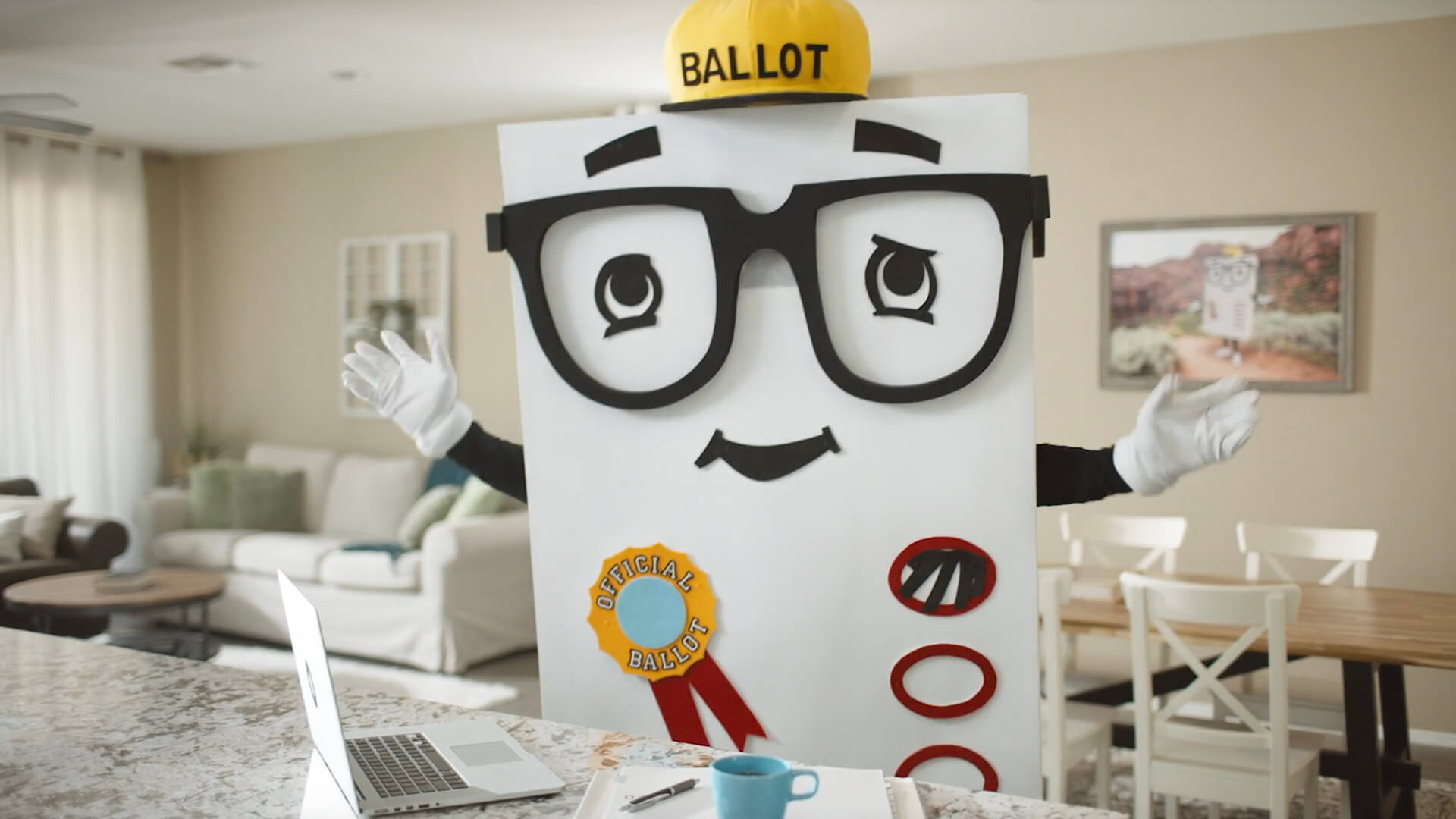 Maricopa County Elections Department mascot in a house