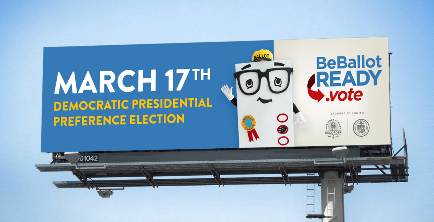 Maricopa County Elections Department mascot on a billboard