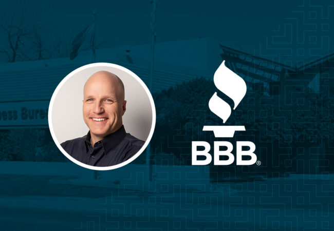 Image shows a man smiling in a circular frame beside the logo for the Better Business Bureau (BBB), set against a backdrop of a building with the BBB name.